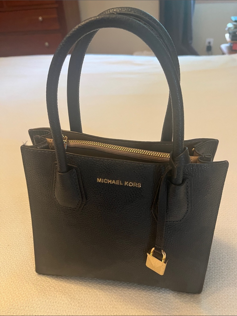 Michael Kors Dark Blue Pebbled Leather Mini Satchel with Gold Hardware Accent